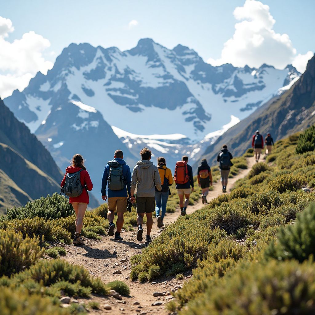 Team expedition through mountain wilderness